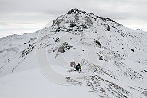 Kaltenbach Ã¢â¬â¹Hochfugen, Austria - 11 Jan, 2020: A group of snowboarders on a freeride in the snowy mountain Alps