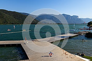 Kaltern, South Tyrol, Italy 05 September 2023 Lake Caldaro Kalterer See on sunny summer day photo