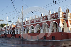 Fragment of the facade of the ancient building of Gostiny Dvor. Kaluga