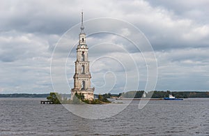 Kalyazin Bell Tower Flooded Belfry over waters of Uglich Reservoir on Volga River as part of Monastery of St. Nicholas, oppo