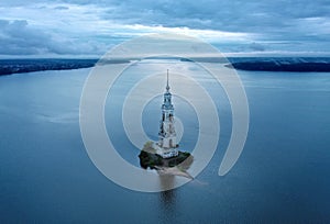 Kalyazin Bell tower on Volga river. Aerial View