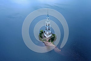 Kalyazin Bell tower on Volga river. Russia. Aerial View