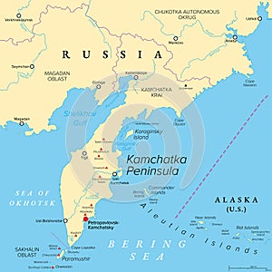 Kamchatka Peninsula, and Kamchatka Krai, Russia, political map photo