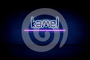 Kamel - blue neon announcement signboard