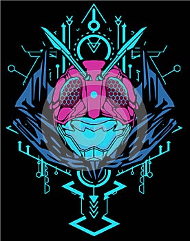 Kamen raider picture from front face and blue sacred geometry background