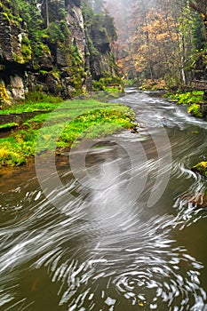 Kamenice river with motion trajectories during autumn