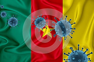 Kamerun flag. Blue viral cells, pandemic influenza virus epidemic infection, coronavirus, infection concept. 3d-rendering