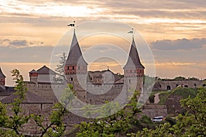 Kamianets-Podilskyi castle on the sunset, Ukraine