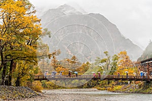 Kamikochi with heavy fog and raining in autumn season.