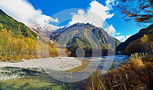 Kamikochi National Park in the Northern Japan Alps of Nagano Prefecture, Japan. Beautiful mountain in autumn leaf and Azusa river