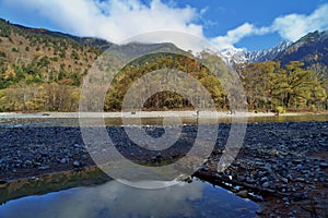 Kamikochi National Park in the Northern Japan Alps of Nagano Prefecture, Japan. Beautiful mountain in autumn leaf and Azusa river