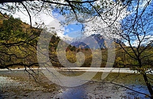 Kamikochi National Park in the Northern Japan Alps of Nagano Prefecture, Japan. Beautiful mountain in autumn leaf and Azusa river