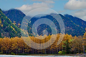 Kamikochi National Park in the Northern Japan Alps of Nagano Prefecture, Japan. Beautiful mountain in autumn leaf and Azusa river