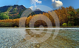 Kamikochi National Park in the Northern Japan Alps of Nagano Prefecture, Japan. Beautiful mountain in autumn leaf and Azusa river