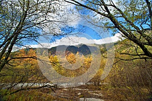 Kamikochi National Park in the Northern Japan Alps of Nagano Prefecture, Japan. Beautiful mountain in autumn leaf and Azusa river