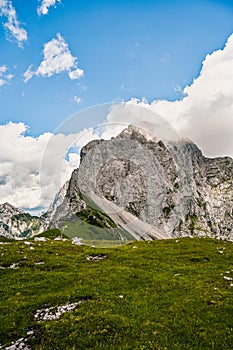 Kamnik saddle in logar valley, Slovenia, Europe. Hiking in savinja Alps and Slovenia mountain. Popular site for a hike in triglav