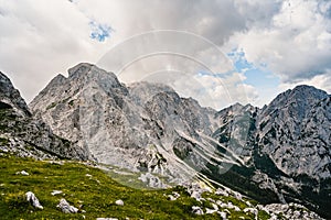 Kamnik saddle in logar valley, Slovenia, Europe. Hiking in savinja Alps and Slovenia mountain. Popular site for a hike in triglav