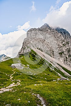 Kamnik saddle in logar valley, Slovenia, Europe. Hiking in savinja Alps and Slovenia mountain. Popular site for a hike in triglav