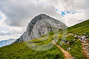 Kamnik saddle in logar valley, Slovenia, Europe. Hiking  in savinja Alps and Slovenia mountain. Popular site for a hike in triglav