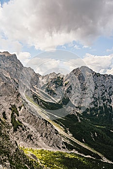 Kamnik saddle in logar valley, Slovenia, Europe. Hiking in savinja Alps and Slovenia mountain. Popular site for a hike in triglav