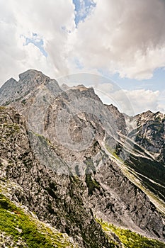 Kamnik saddle in logar valley, Slovenia, Europe. Hiking in savinja Alps and Slovenia mountain. Popular site for a hike in triglav