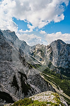 Kamnik saddle in logar valley, Slovenia, Europe. Hiking in savinja Alps and Slovenia mountain. Popular site for a hike in triglav