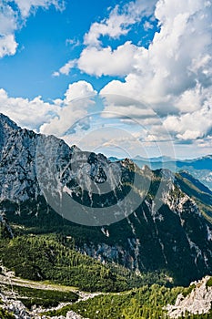 Kamnik saddle in logar valley, Slovenia, Europe. Hiking in savinja Alps and Slovenia mountain. Popular site for a hike in triglav