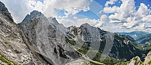 Kamnik saddle in logar valley, Slovenia, Europe. Hiking  in savinja Alps and Slovenia mountain. Popular site for a hike in triglav