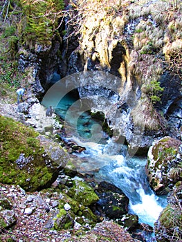 Kamniska Bistrica river flowing from a narrow passage at Predaselj gorge