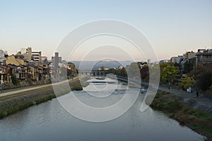 Kamo river in Kyoto viewed from Shijo bridge in the morning