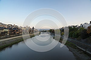 Kamo river in Kyoto viewed from Shijo bridge in the morning