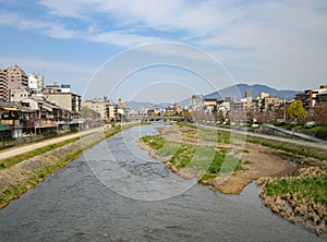 The Kamo river which runs through Kyoto, Japan