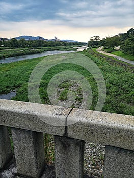 Kamogawa River in Kyoto, upstream on overcast day