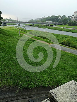 Kamogawa River in Kyoto, upstream on rainy day