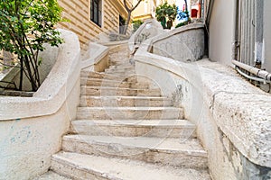 Kamondo Stairs, famous pedestrian stairway leading to Galata Tower, built 1870, Istanbul, Turkey