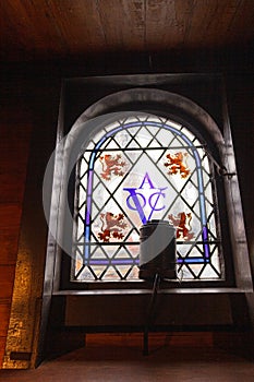Kampen, The Netherlands - March 30, 2018: Kampen, The Netherlands - March 30, 2018: Window with logo of the Dutch Verenigde Oost- photo