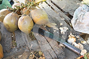 A hatchet and coconuts on a table in Kampong Thom, Cambodia