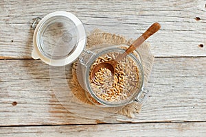 Kamut grain in a glass on a wooden background