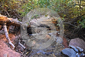 Kanarraville Falls, views from along the hiking trail of falls, stream, river, sandstone cliff formations Waterfall in Kanarra Cre