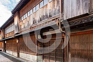 Kanazawa, Japan. Higashi Chaya Geisha district with old wooden houses, teahouses, geisha performances and shops.