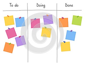 Kanban board with blank sticky note papers for writing task. Agile project management, tasks planning and to do list.