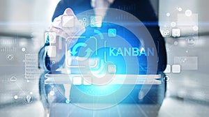 Kanban work flow process management system concept on virtual screen.