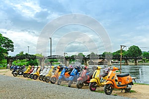 KANCHANABURI, THAILAND - August 4, 2019 : Vespa gang were parking in the line for meeting and gethering after touring together at