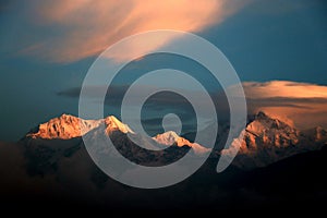 Kanchanjungha during golden hour, snow, peak, landscape, nature, Himalayan. Snowy mountains of Himalaya.