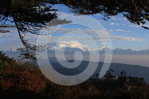 Kanchenjunga mountain view with trees and house