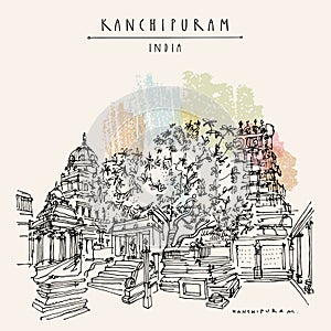 Kanchipuram Kanchi, Tamil Nadu, South India. Ekambeshwarar Ekambaranatha Temple. 3500-year old mango tree. Travel sketch