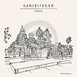 Kanchipuram Kanchi, Tamil Nadu, South India. Kailasanathar Temple. Hindu religion sacred place. Travel sketch drawing. Vintage