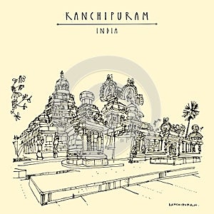 Kanchipuram Kanchi, Tamil Nadu, South India. Kailasanathar Temple. Hindu religion sacred place. Travel sketch drawing. Vintage