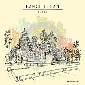 Kanchipuram Kanchi, Tamil Nadu, South India. Kailasanathar Temple. Hindu religion sacred place. Travel sketch drawing. Vintage