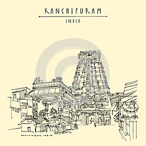 Kanchipuram Kanchi, Tamil Nadu, South India. Market at Ekambeshwarar Ekambaranatha Temple. Hindu religion sacred place. Travel